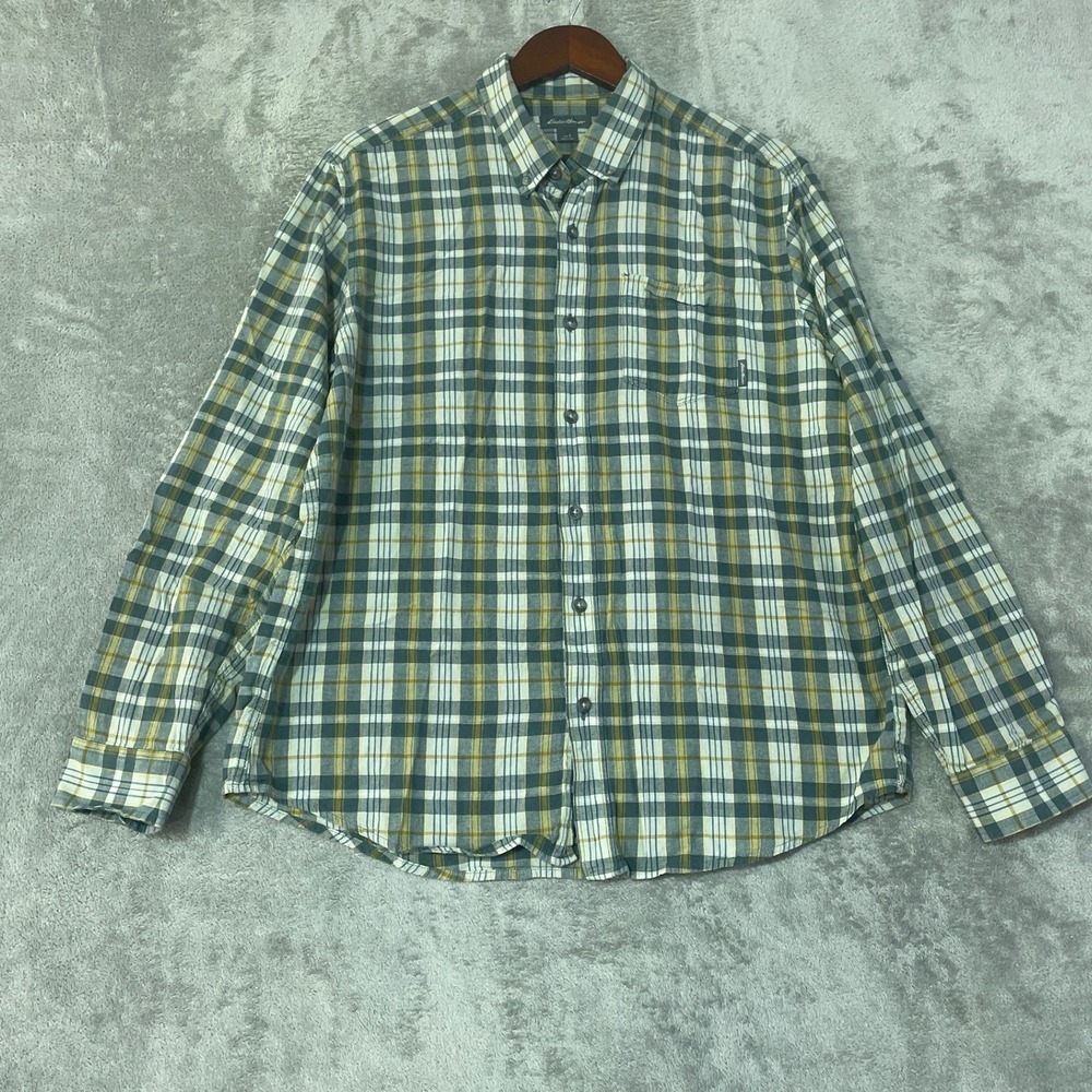 Eddie Bauer Men's L Green Yellow Button Down Shirt Cotton Plaid Casual